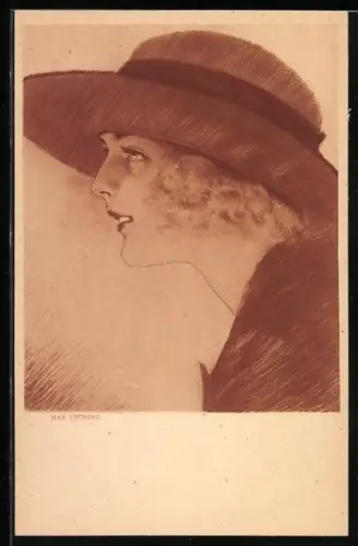 Künstler-AK Max Brüning: Dame in Rot, Frauenporträt mit Hut