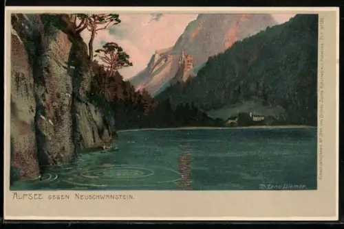 Künstler-AK Zeno Diemer: Schwangau, Alpsee gegen Neuschwanstein mit Wasserspiegelungen bei Abendstimmung
