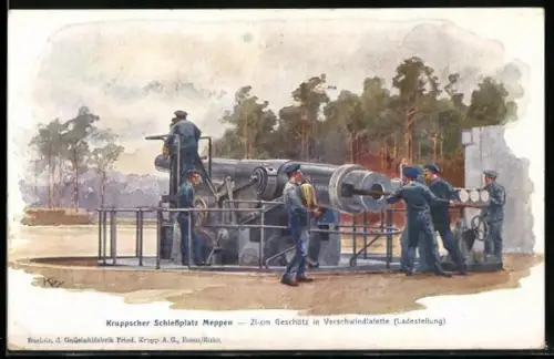Künstler-AK Heinrich Kley: Meppen, Kruppscher Schiessplatz - 21-cm Geschütz in Verschwindlafette