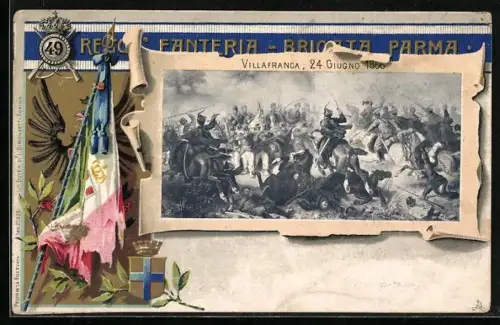 Lithographie Villafranca, Schlacht 1866, 49. Reg. Fanteria, Brigata Parma, Fahnen, Wappen
