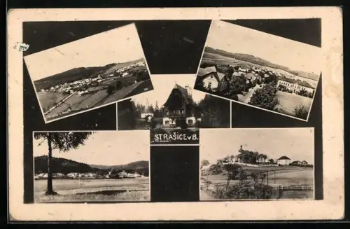 AK Strasice v. B., Gasthaus, Feldpartie mit Blick zur Kirche, Teilansicht vom Ort