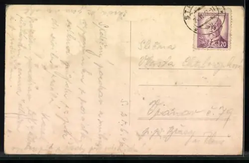 AK Strasice v. B., Gasthaus, Feldpartie mit Blick zur Kirche, Teilansicht vom Ort