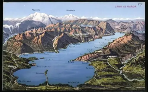 Künstler-AK Peschiera, Gardasee mit Ortsbezeichnungen aus der Vogelschau