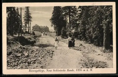 AK Neue Schlesische Baude, Wanderer auf dem Weg zur Baude im Riesengebirge