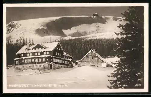 AK Riesengebirge, Schlingelbaude im Winter
