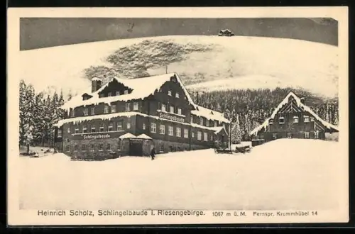 AK Schlingelbaude, Winteransicht der Berghütten, Inh. Heinrich Scholz, mit Hüttenstempel