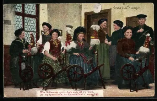 AK Spinnstube, thüringische Frauen in Trachten am Spinnrad