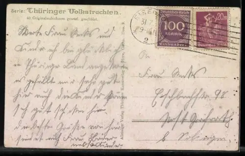 AK Spinnstube, thüringische Frauen in Trachten am Spinnrad