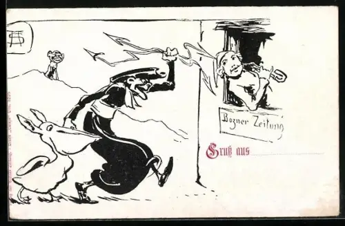 AK Mann mit Pelikan wirft mit Blitzen nach dem Michel, Bozner Zeitung