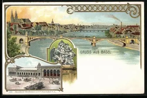 Lithographie Basel, Strassenbahn vor dem Bahnhof, Panorama mit Brücken