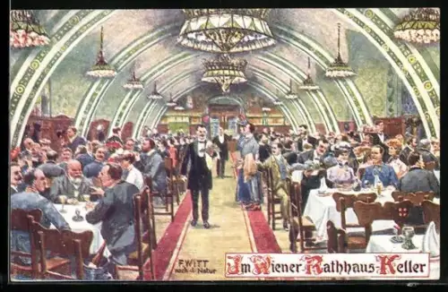 Künstler-AK F. Witt: Wien, Leute im Rathaus-Keller