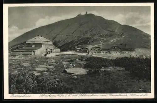 AK Riesengebirge, Schneekoppe mit Schlesierhaus und Riesenbaude