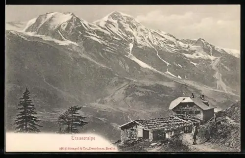 AK Bruck an der Grossglocknerstrasse, Trauneralpe, Alpengasthof mit Gebirge im Hintergrund