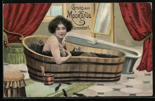 AK Gruss aus dem Moorbade, Badende in hölzerner Wanne