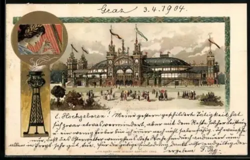 Lithographie Österreich, die festlich geschmückte Sängerfest-Halle, Harfenspielerin und eine ewige Flamme