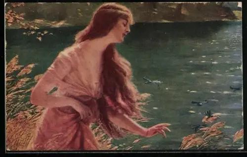 Künstler-AK Frau betrachtet Libellen am See
