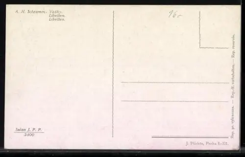 Künstler-AK Frau betrachtet Libellen am See