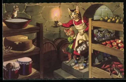 AK Katzenmutter entdeckt Mäuse in der Speisekammer