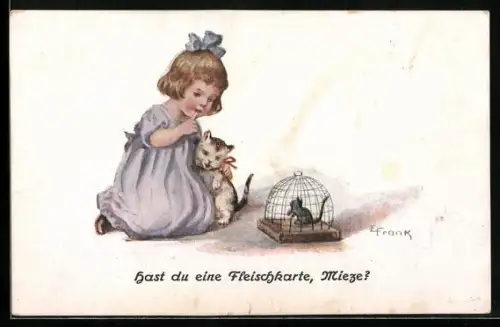 Künstler-AK Elly Frank: Hast du eine Fleischkarte, Mieze?, Maus im Käfig
