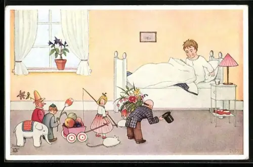 AK Männlein mit Blumen am Bett von Jungen