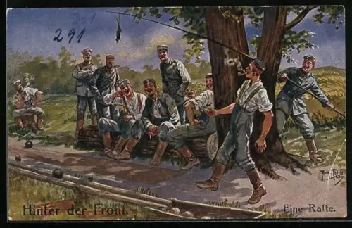 Künstler-AK Arthur Thiele: Hinter der Front, Eine Ratte, Soldatenhumor