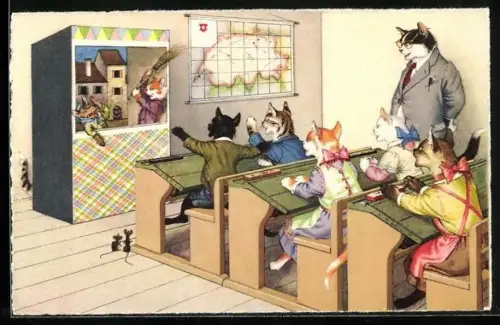 Künstler-AK Katzenkinder in der Schule schauen sich ein Puppentheater an