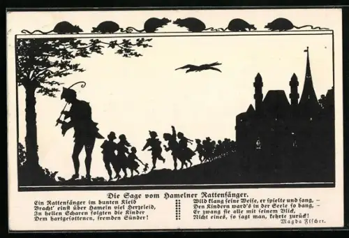 AK Hameln, Sage vom Rattenfänger, Scherenschnitt