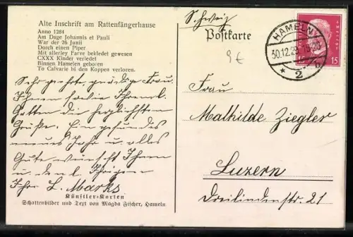 AK Hameln, Sage vom Rattenfänger, Scherenschnitt