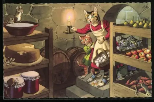 AK Katzenmutter entdeckt Mäuse in der Speisekammer
