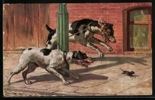Künstler-AK Zwei Hunde kollidieren mit ihrer Kette am Laternenpfahl bei der Jagd nach einer Maus