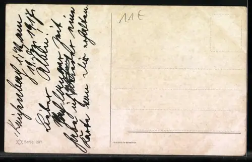 Künstler-AK Zwei Hunde kollidieren mit ihrer Kette am Laternenpfahl bei der Jagd nach einer Maus