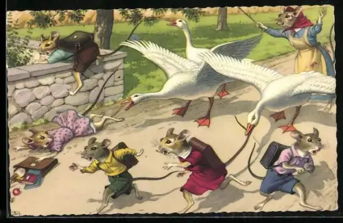 AK Gänse jagen Mäuseschüler durch Strasse