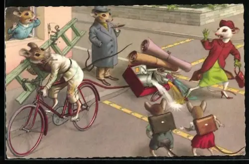 AK vermenschlichte Tiere, Mäuse an einem hektischen Tag in einer Strasse