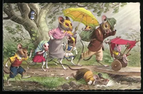 Künstler-AK Mäusefamilie beim Spaziergang durch den Regen