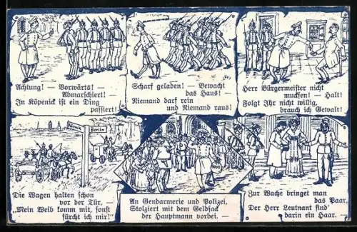 AK Berlin, Der Hauptmann von Köpenick, der Hauptmann mit der Wacche auf dem Weg zum Rathaus & Gefangennahme