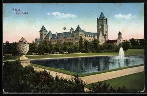 AK Posen / Poznan, Kgl. Schloss mit Brunnen