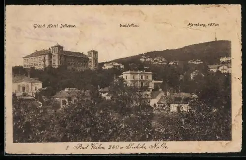 AK Bad Vöslau, Ortsansicht mit Grand Hotel Bellevue, Waldvillen und Harzberg