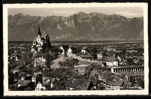 AK Rankweil /Vorarlberg, Ortsansicht mit Bergpanorama aus der Vogelschau