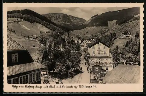 AK Petzer, Ortsansicht im Riesengebirge mit Blick n. b. Brunnberg