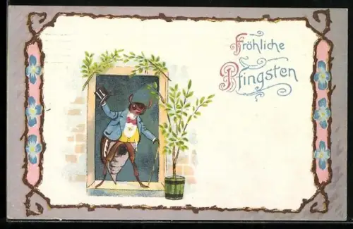 AK vermenschlichter Maikäfer mit Zylinder, Fliege und Gehstock