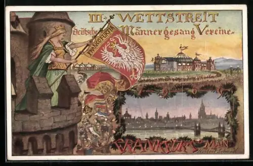 Künstler-AK Frankfurt, III. Wettstreit deutscher Männergesang Vereine, Frau mit Krone schwingt die Fahne, Sängerfest