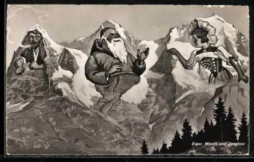 Künstler-AK Eiger, Mönch und Jungfrau, Berg mit Gesicht / Berggesichter