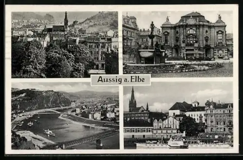 AK Aussig-Usti, Ortspartie mit Elbdampfer Bastei, Brunnen vor dem Theater und Strassenbahn, Blick zur Kirche