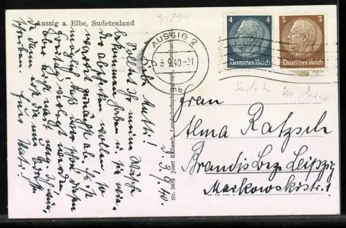 AK Aussig-Usti, Ortspartie mit Elbdampfer Bastei, Brunnen vor dem Theater und Strassenbahn, Blick zur Kirche