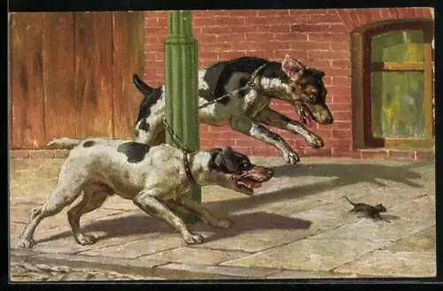 Künstler-AK Zwei Hunde kollidieren mit ihrer Kette am Laternenpfahl bei der Jagd nach einer Maus