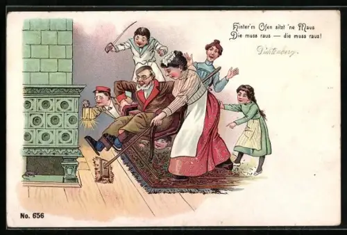 Lithographie Hinter`m Ofen sitzt `ne Maus, die muss raus..., Scherz, Dienstmädchen