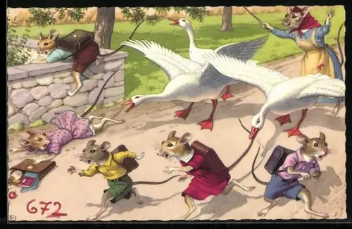 AK Gänse jagen Mäuseschüler durch Strasse