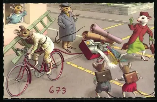 AK vermenschlichte Tiere, Mäuse an einem hektischen Tag in einer Strasse