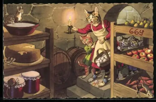 AK Katzenmutter entdeckt Mäuse in der Speisekammer