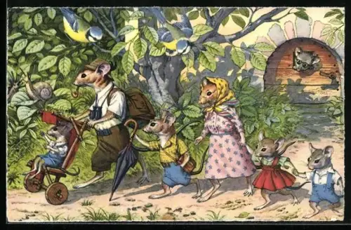 Künstler-AK Mäusefamilie beim Wanderausflug